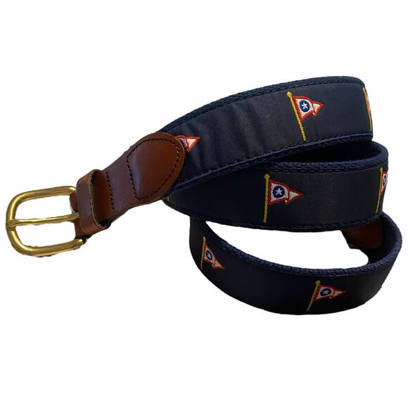 Leather Man Ltd Belt Size 40 Navy blue with flag pattern LML Solid Brass Buckle - Picture 1 of 16